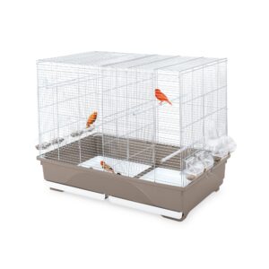 Tasha è una gabbia di dimensioni generose, con rete zincata e fondo in plastica color tortora, per canarini, esotici e piccoli pappagallini.